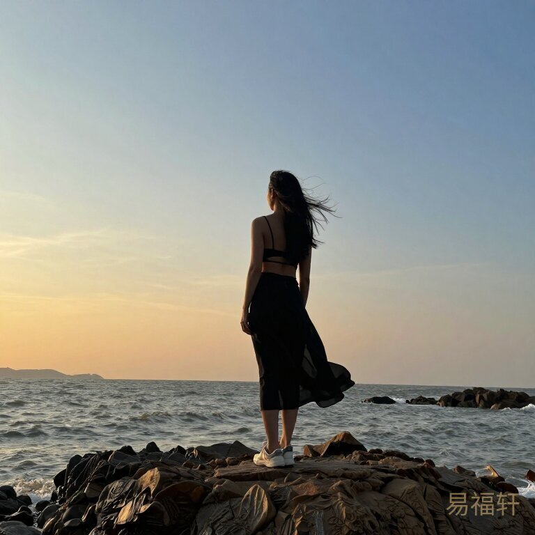 黄昏的海边，一个女人独自站在礁石上，背影挺拔，海风吹起她的头发和衣角，远处天空一半金黄一半灰蓝