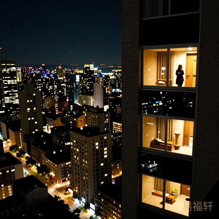 城市夜景俯拍，万家灯火，一个高楼窗户亮着暖光，隐约可见一个女人的身影站在窗前