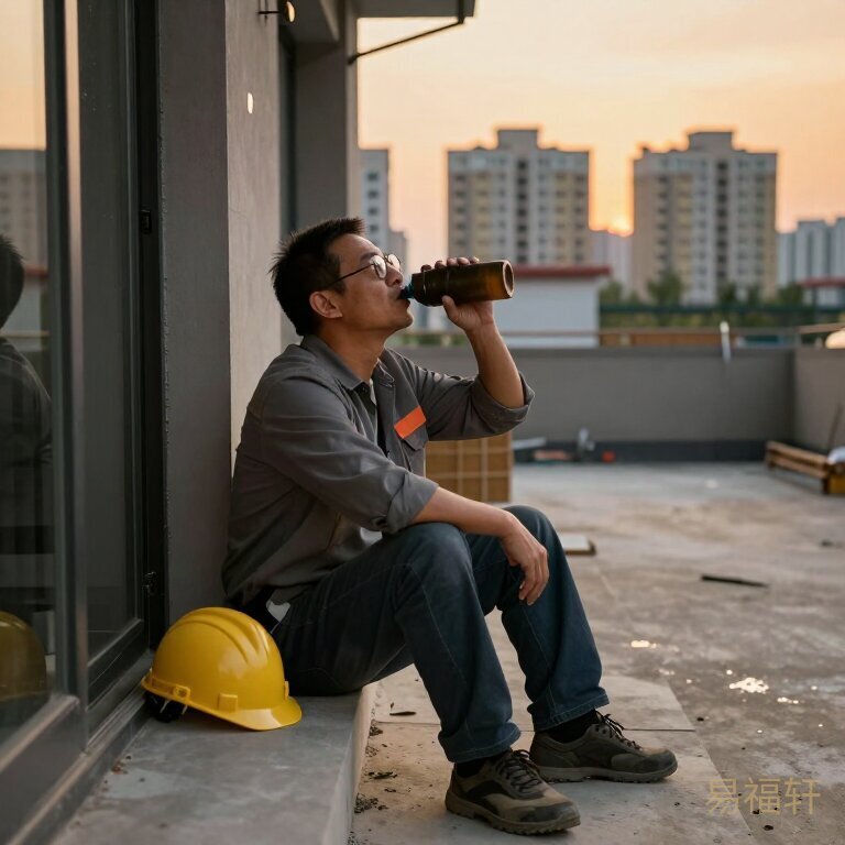 傍晚时分，一个中年装修工坐在工地门口的台阶上喝水休息，安全帽放在一旁，远处的楼群泛着暖黄色的夕阳光