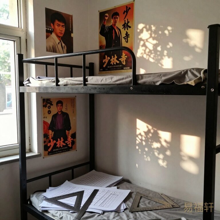 八十年代大学男生宿舍，上下铺铁架床，床头贴着《少林寺》海报，桌上堆着机械制图用的三角板和丁字尺，窗外梧桐树影映在墙上