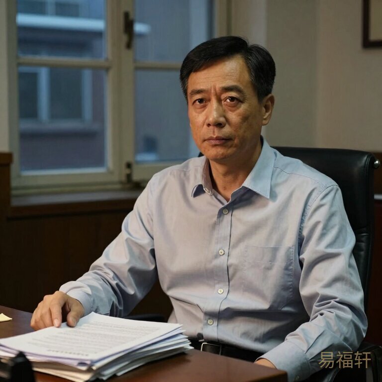 一个六十出头的男人坐在办公室里，穿着整洁的衬衫，表情平静但目光坚定，桌上堆着文件，窗外是傍晚的老式单位大院