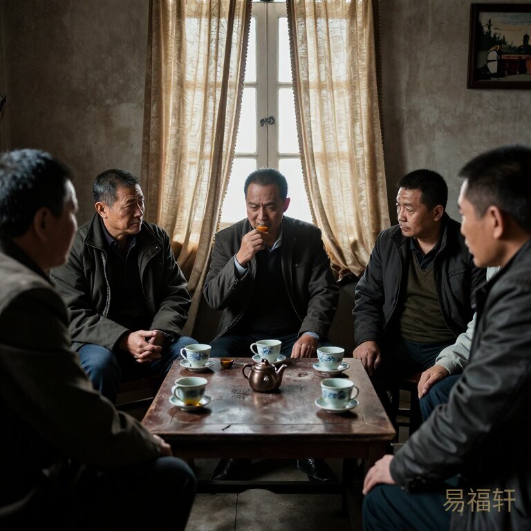 几个中年男人围坐在老式茶几旁喝茶，其中一个正在说话，其他人或点头或沉默，阳光透过旧窗帘洒在茶杯上，气氛微妙