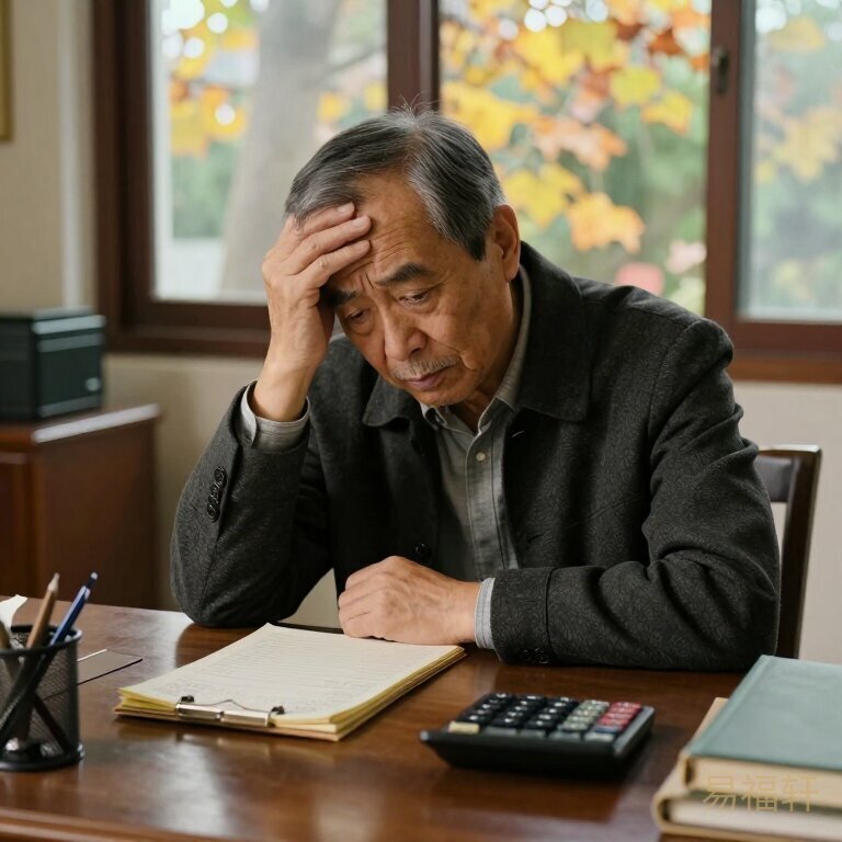 一个六十多岁的男人坐在老式书桌前，面前放着账本和计算器，表情无奈中带着一丝认命，窗外是秋天的梧桐树