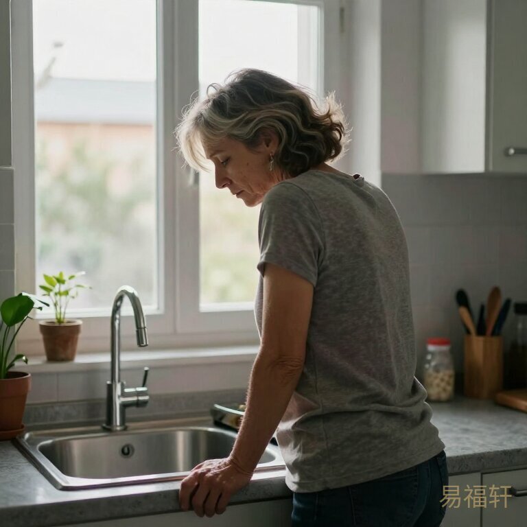 一个54岁左右的女人独自站在厨房水槽前,双手撑着台面,低着头,窗外的晨光照在她花白的发丝上,背影倔强又疲惫