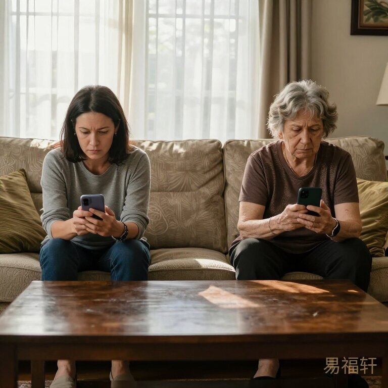 客厅沙发上,一个中年女人和一位老太太分坐两端,中间隔着一张茶几,两人都在低头看手机,谁也不看谁,阳光从窗帘缝隙里照进来,空气里全是沉默