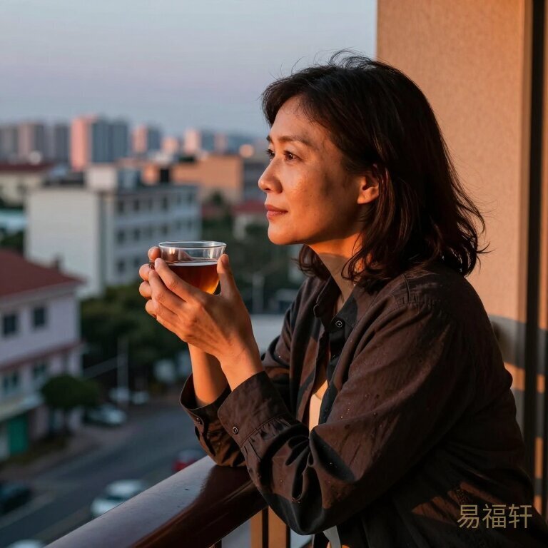 一个中年女人坐在傍晚的阳台上,手里握着一杯茶,望着远处的楼群,暮色把她的侧脸镀上一层橘色的光,表情平静但眼里有故事