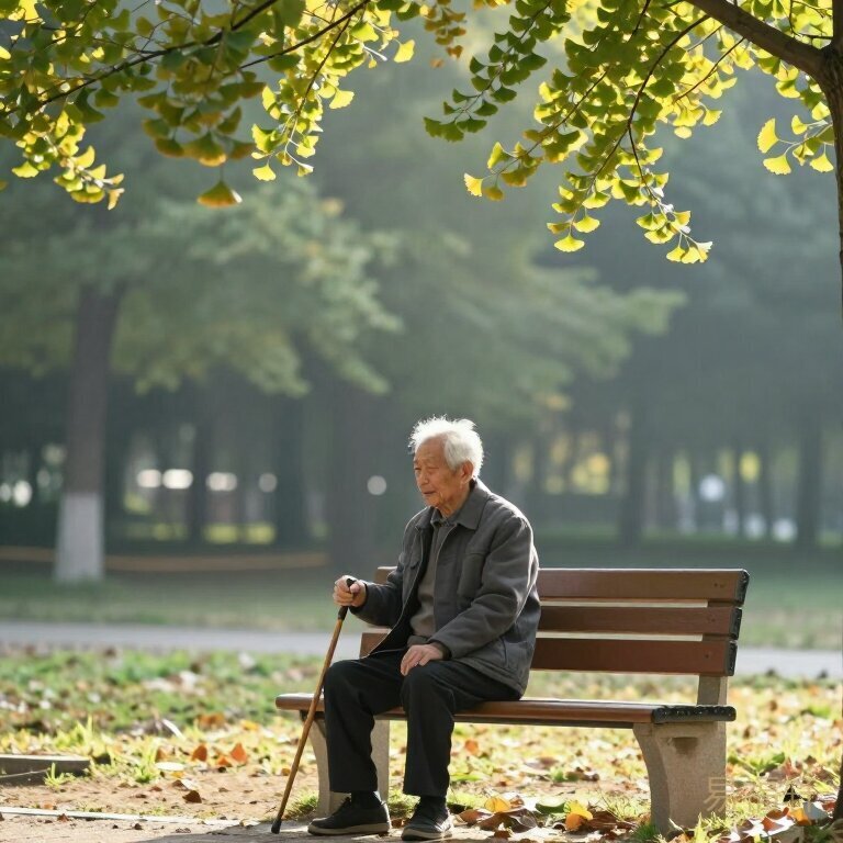 清晨公园长椅上，一个白发老人独自坐着，手杖搁在腿边，晨光透过银杏叶洒在他身上，表情平静却有种说不出的孤独