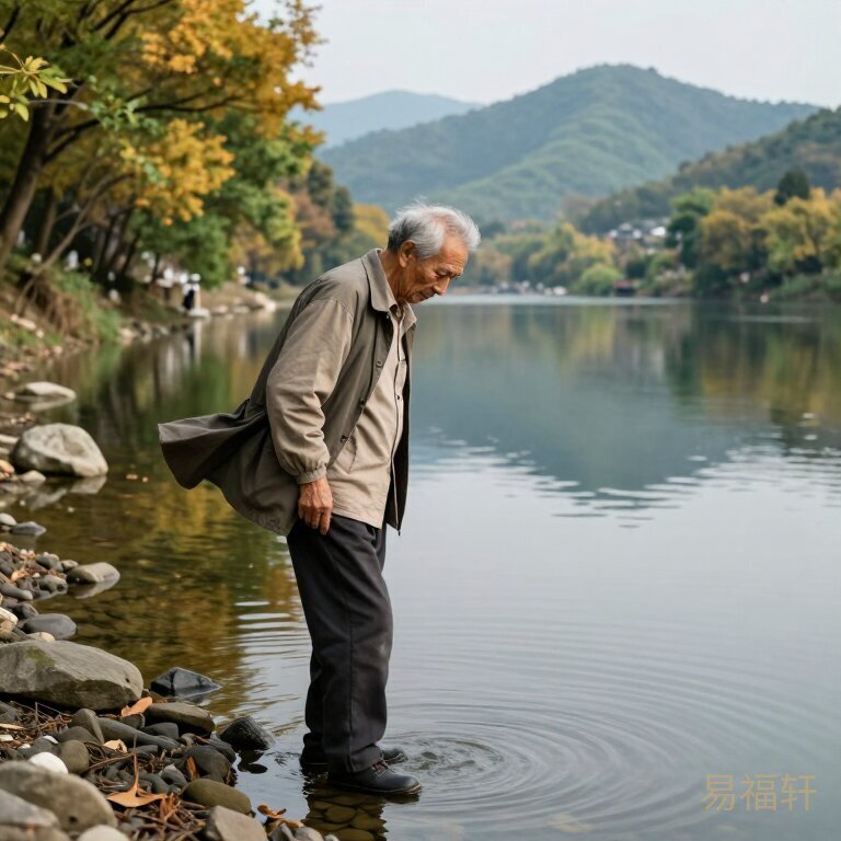 一个老人站在秋天的河边，风吹起他的衣角，河水倒映着对岸的远山，他低头看着水里自己的影子，眼神里有释然