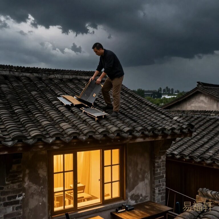 一个人站在中国传统瓦片屋顶上修补，手里拿着新瓦片，脚下是温暖的暖黄色灯光从窗户透出，远处天边是暴雨将至的深色乌云，画面有冷暖对比