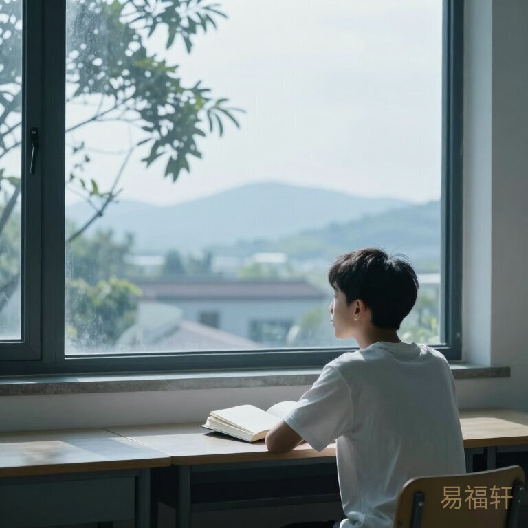 一个少年坐在书桌前，面对书本却看向窗外，眼神飘忽不定，窗外有阳光和树叶的影子