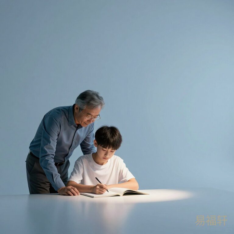 一位老教师弯腰给少年讲题的画面，温暖的灯光打在两人身上