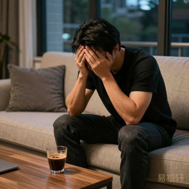 昏暗光线中一个男人独自坐在沙发边缘，双手交叉撑着额头，神情疲惫，旁边茶几上放着半杯凉掉的咖啡，窗外是城市夜色