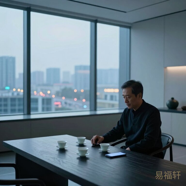 一个中老年男人独自坐在茶台前，面前摆着几个空茶杯，窗外的城市灯火映在玻璃上，茶几上的手机屏幕安静地亮着，没有任何新消息