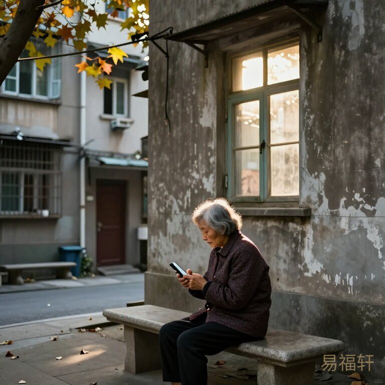 一位六七十岁的女性独自坐在老式小区的石凳上，手里拿着手机屏幕亮着，头发花白但衣着整洁，秋天的阳光从树叶缝隙洒下，身后是老居民楼的斑驳墙面，画面温暖中带着一丝孤寂与通透