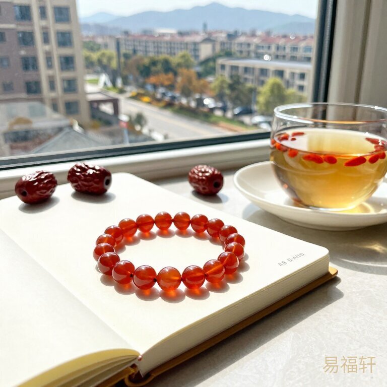 暖色阳光透过窗户照进室内，照在一串红玛瑙手串和一本翻开的笔记本上，旁边有几颗红枣和一杯枸杞茶，画面明亮温暖，有生活的烟火气