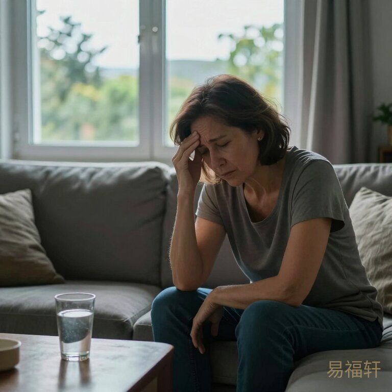 一位六十岁左右的女性独自坐在客厅沙发上，手扶着额头表情疲惫，窗外天色微明，旁边茶几上放着一杯凉掉的水，暗示彻夜难眠
