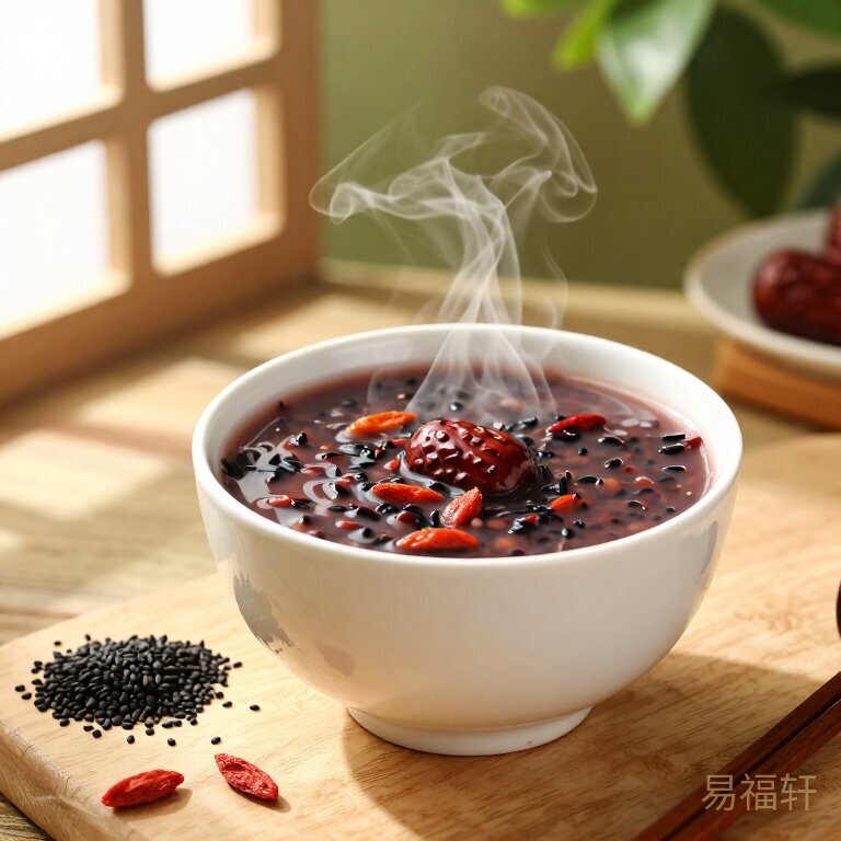 一碗冒着热气的黑米红枣粥放在木桌上，旁边散落着几颗黑芝麻和枸杞，阳光从窗户斜照进来，画面温暖安静