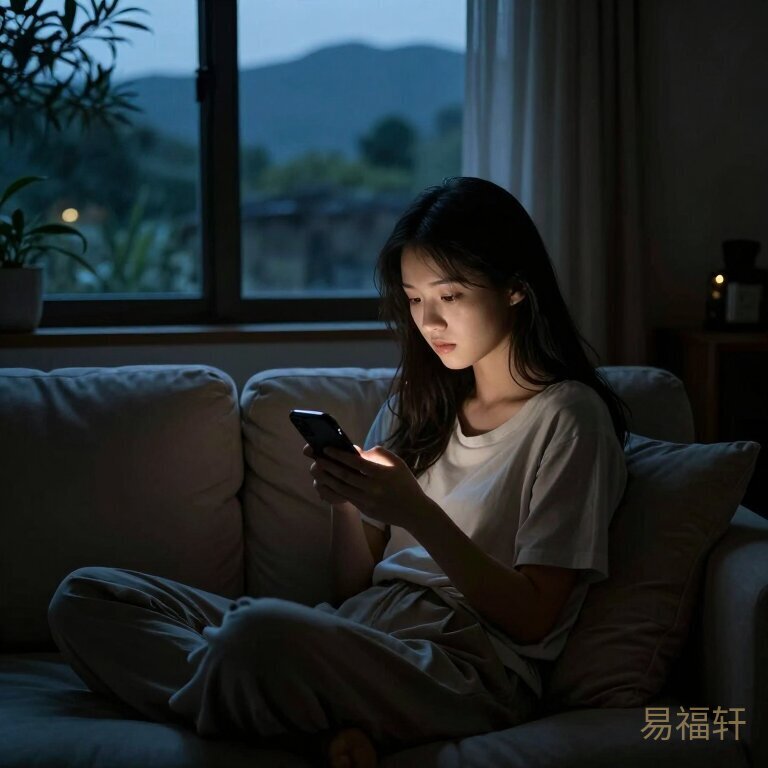 一个年轻女孩深夜坐在沙发上翻手机通讯录，屏幕的光照在她脸上，客厅昏暗，透着孤独感