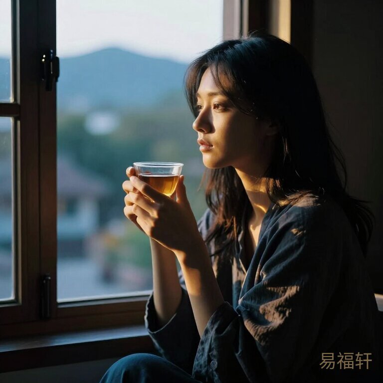一个女孩坐在窗前，一半脸在阳光里一半在阴影中，手里捧着一杯茶，表情平静但若有所思