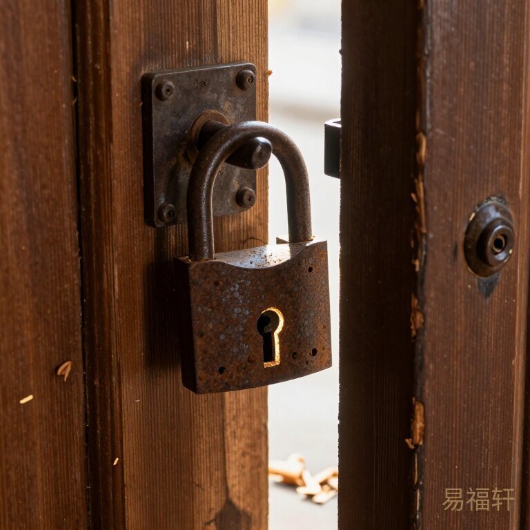 一把生锈的旧锁挂在半开的木门上，阳光从缝隙里漏进来，锁孔已经被磨得发亮，门边地上散落着细碎的木屑