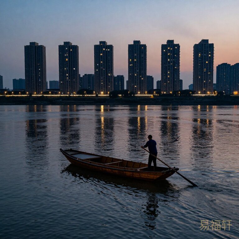 黄昏的江面上，一艘小木船逆流划行，船头的人撑着一根长篙，水面上倒映着对岸城市的高楼灯火却永远够不着