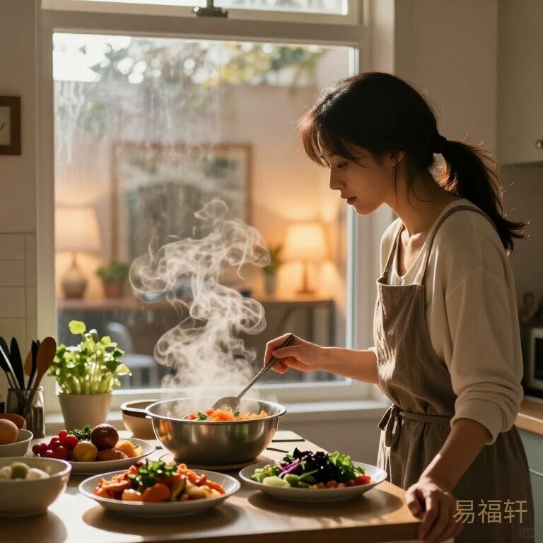 厨房里一个女人独自对着一桌子菜，热气模糊了窗玻璃，身后客厅的灯亮着但空无一人
