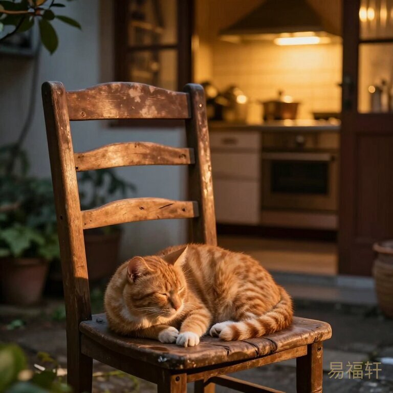 傍晚时分一个院子里，阳光斜照在旧木椅上，一只橘猫蜷在脚边打盹，远处厨房亮着暖黄的灯光