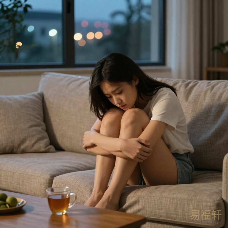 深夜，一位年轻女性独自坐在客厅沙发上，双手抱膝，窗外城市的灯光模糊而遥远，茶几上放着一杯已经凉透的茶，整个画面透着一种安静的疲惫和孤独