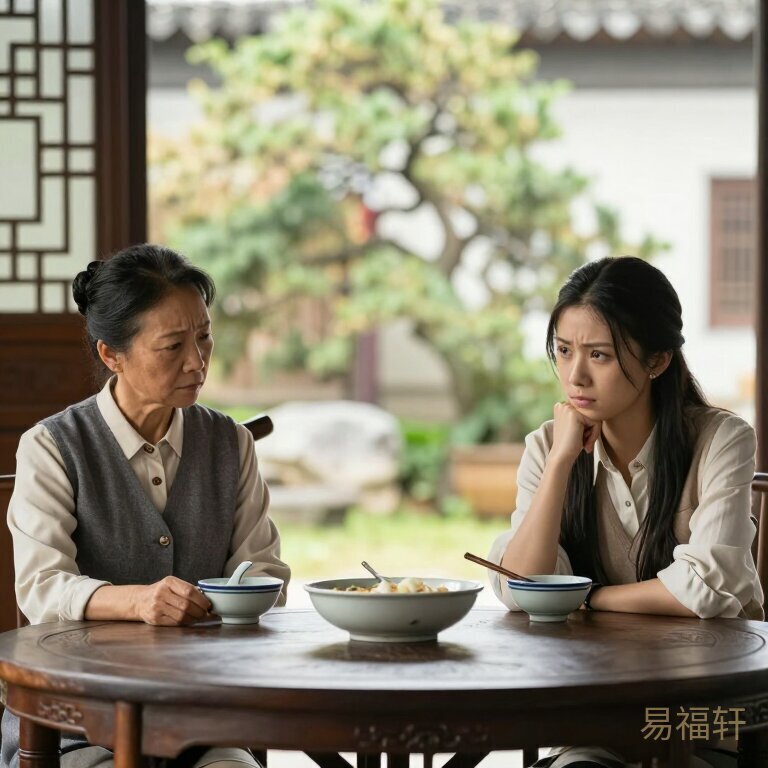 一间传统风格的中式客厅，一位中年女性和一位年轻女性分别坐在餐桌两端，中间隔着一道还没收拾的碗筷，气氛微妙而紧张，但两人的表情都不是愤怒，而是一种复杂的疲惫和无奈