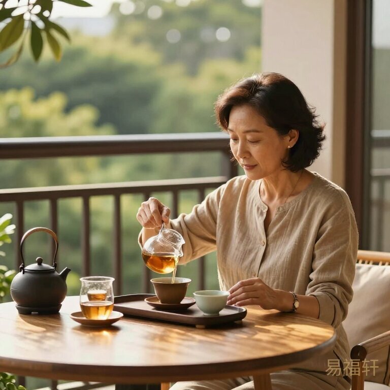 一位中年女性在家中阳台泡茶，窗外的绿植在阳光下舒展