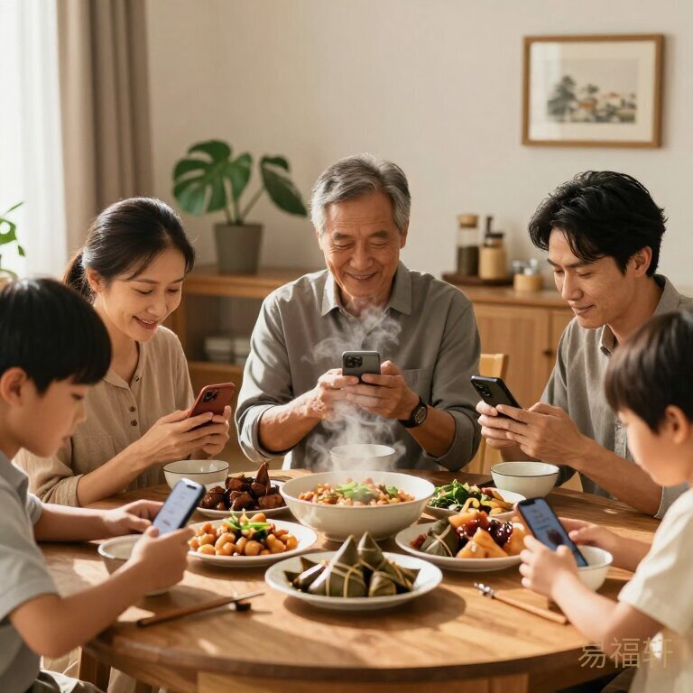 端午团圆饭场景，家人各自低头看手机，桌上饭菜冒着热气却无人说话