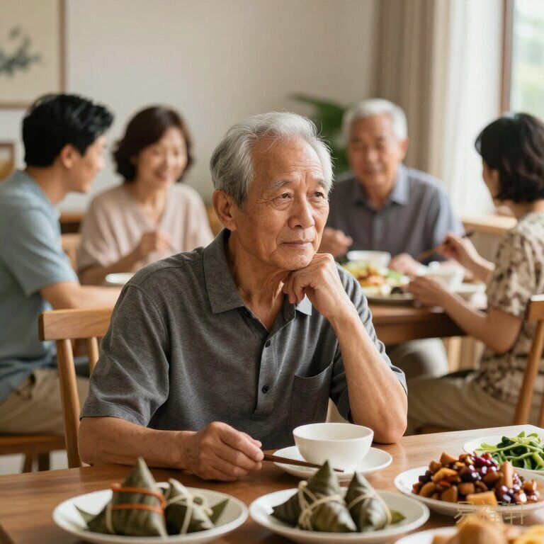 老人在端午家宴上独自沉思，背景是热闹的家人但老人显得格外安静