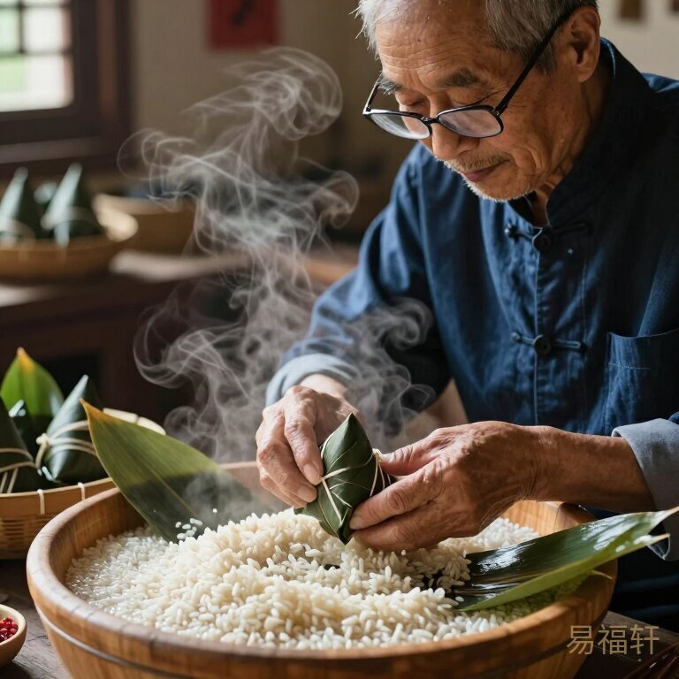 端午节老人在厨房包粽子，糯米泡在木盆里，粽叶煮得满屋清香，蒸汽模糊了老花镜