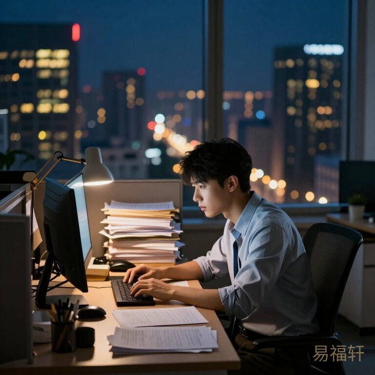职场中的人在工位上独自加班到深夜，窗外万家灯火，桌上堆满文件