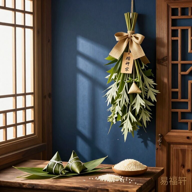 端午艾草挂在门框上，阳光从窗户斜照进来，粽叶和糯米摆满木桌