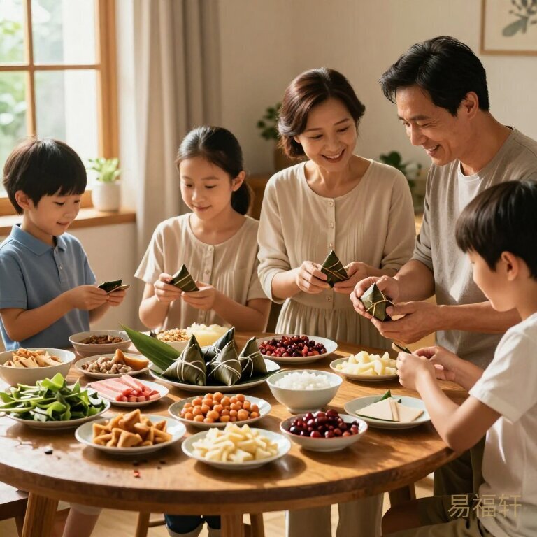 端午节两个家庭包粽子的对比场景，左边桌上食材丰盛但摆放杂乱，右边桌上食材精简但整齐有序，阳光从窗户照进来形成明暗对比，氛围温馨日常