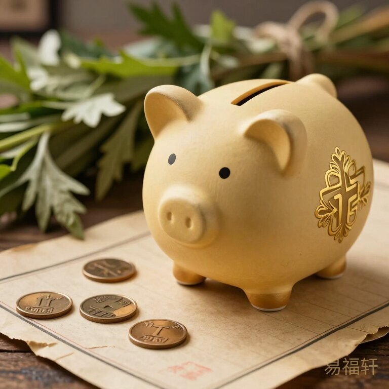 一个传统的中式存钱罐特写，旁边散落着几枚铜钱和一张发黄的存折，端午节艾草作为背景点缀，光线温暖怀旧