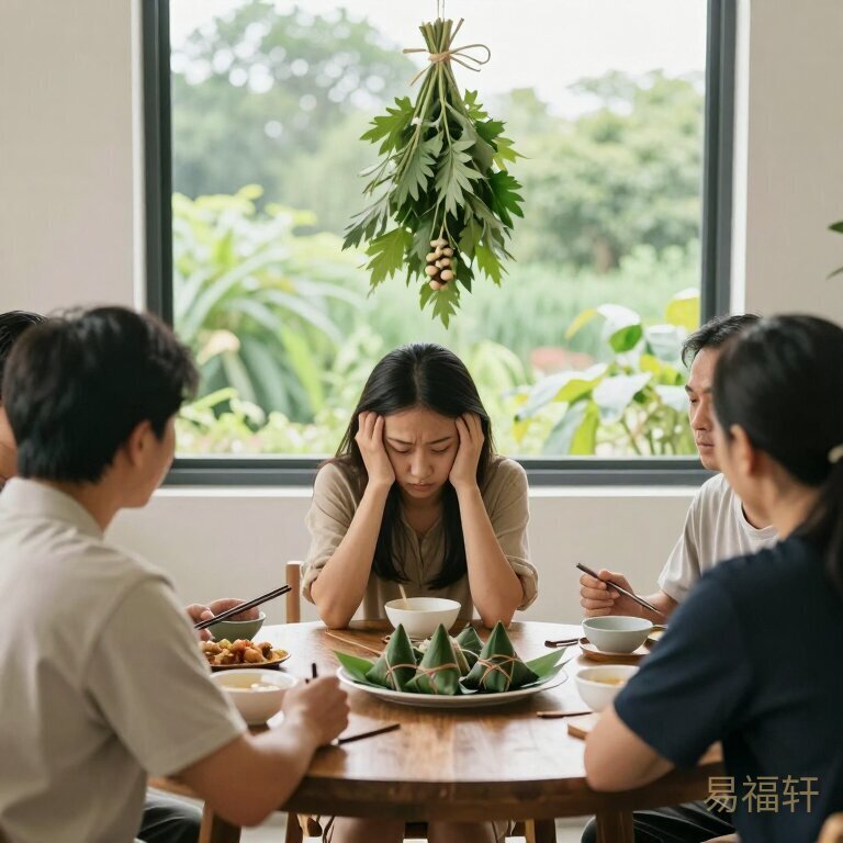 一群人围坐餐桌，有人尴尬地低头，有人试图打圆场，气氛微妙，桌上摆着粽子但无人动筷，窗外挂着一束艾草