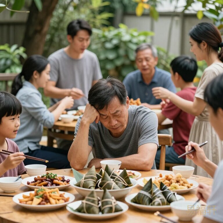 一个中年男人坐在端午家庭饭桌旁，周围亲戚和粽子热闹非凡，他却低垂着眼表情疲惫，像是被无形的家庭压力压得喘不过气，画面带着一种热闹中的孤独感