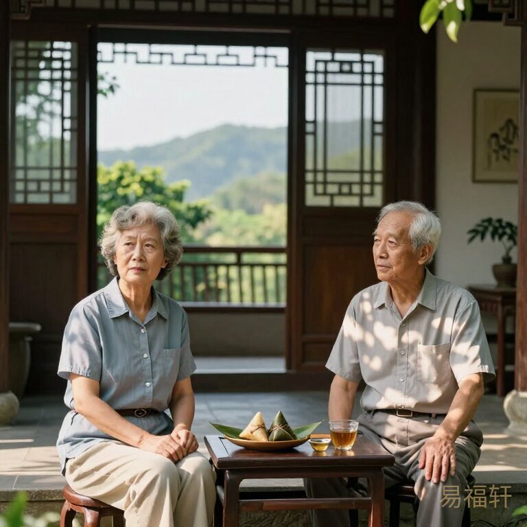 一对头发花白的老夫妻坐在端午院子里，中间隔着一张矮桌，桌上摆着剥了一半的粽子和茶，两人都沉默着看向不同方向，阳光透过树影斑驳洒在他们身上，画面安静但透着一种多年沉默累积的疏离