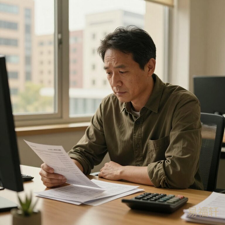 一位中年男人坐在办公桌前，面前摊着账单和计算器，表情若有所思，窗外是城市高楼