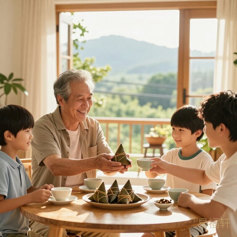端午节早晨，一家人围坐在餐桌旁剥粽子，阳光透过窗户洒在桌上，老人笑着接过儿子递来的茶杯