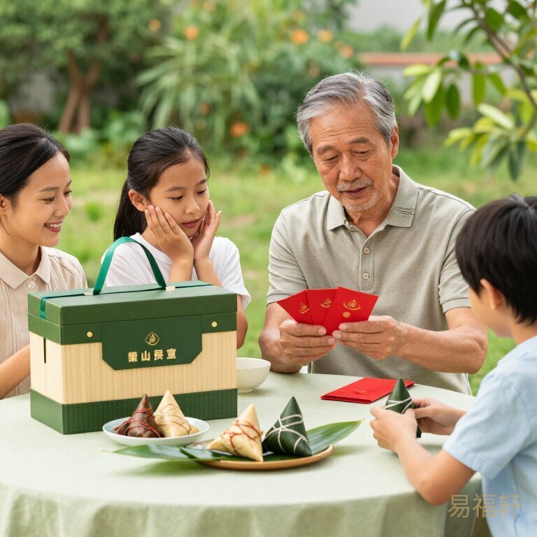 端午节一家人围坐吃粽子的温馨场景，桌上摆着礼品盒和粽叶，长辈面前放着红包但气氛微妙，人与人的距离感透过画面传递