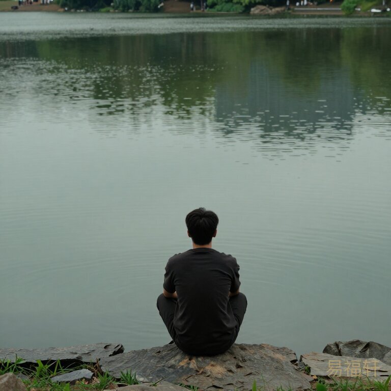 一个人独自坐在湖边石头上看水的背影，天色微暗水面平静，氛围沉静略带孤独但又有治愈感，暗示用水来调和自己