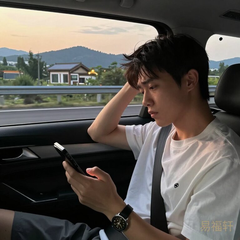 端午节前夕一个人坐在车里看着手机，窗外是黄昏的高速公路，表情犹豫疲惫
