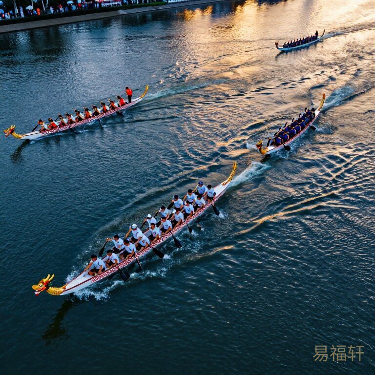 端午赛龙舟的俯拍场景，多艘龙舟在水面竞速，一艘明显比其他快半个船身，水面波光粼粼，远处有围观人群