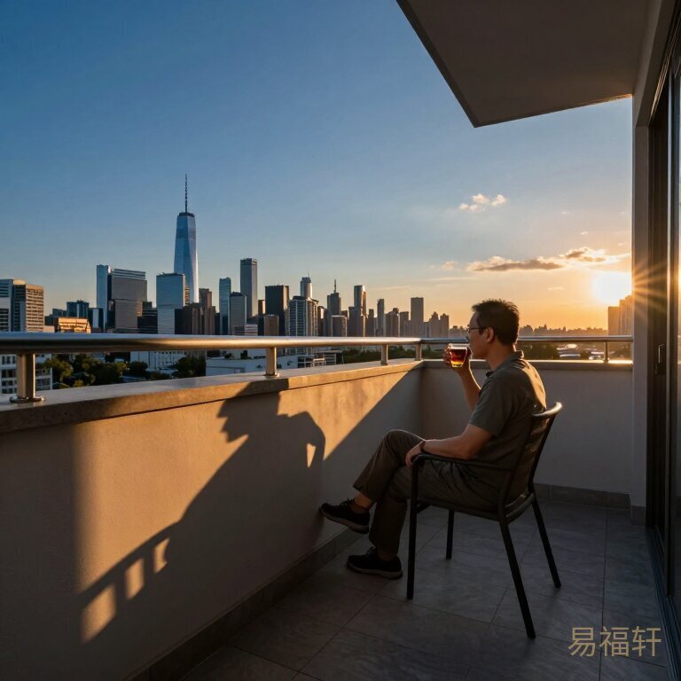 一个中年男人在黄昏的阳台上独自喝茶，背后是城市的天际线，夕阳把他和阳台的椅子拉出长长的影子，画面温暖而平静