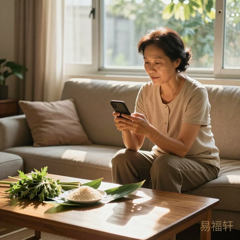 端午节前夕，一位五十多岁的女性独自坐在家里沙发上，手里握着手机，茶几上摆着粽叶、糯米和一把新鲜艾草，窗外斜阳照进来，她的影子拉得很长