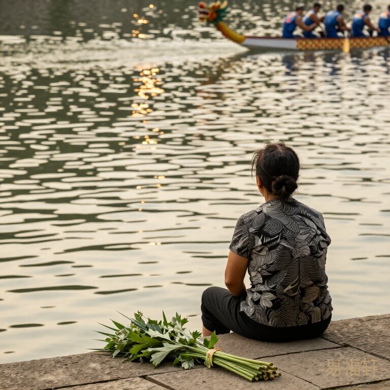端午时节，一位中年女性独自坐在河边的石阶上，背影对着波光粼粼的水面，身边放着几束艾草和菖蒲，远处隐约有龙舟训练的桨声和水花