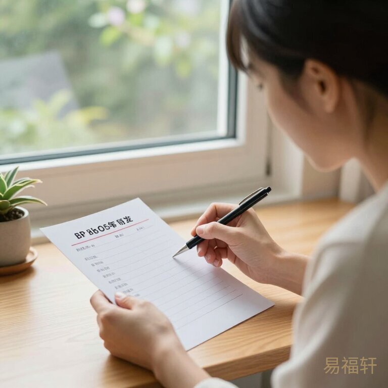 一位母亲拿着纸笔对着起名字典认真研究，桌上放着婴儿的出生信息卡片，窗外春光明媚